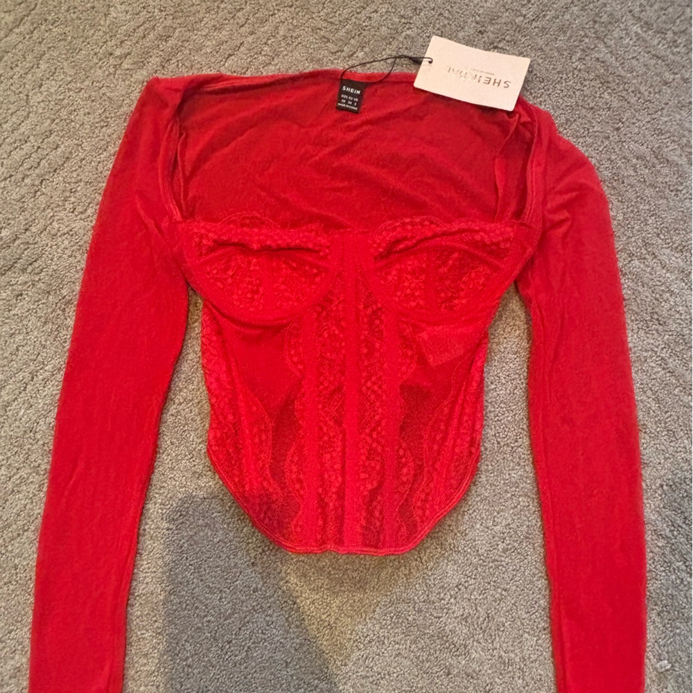 SHEIN Vibrant Red Lace Long Sleeve Corset Top